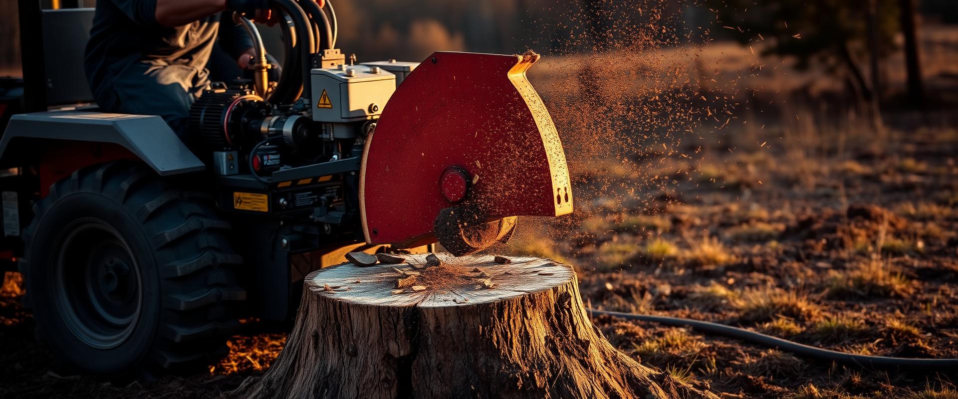 Professional stump grinding machinery removing a tree stump on a rural site